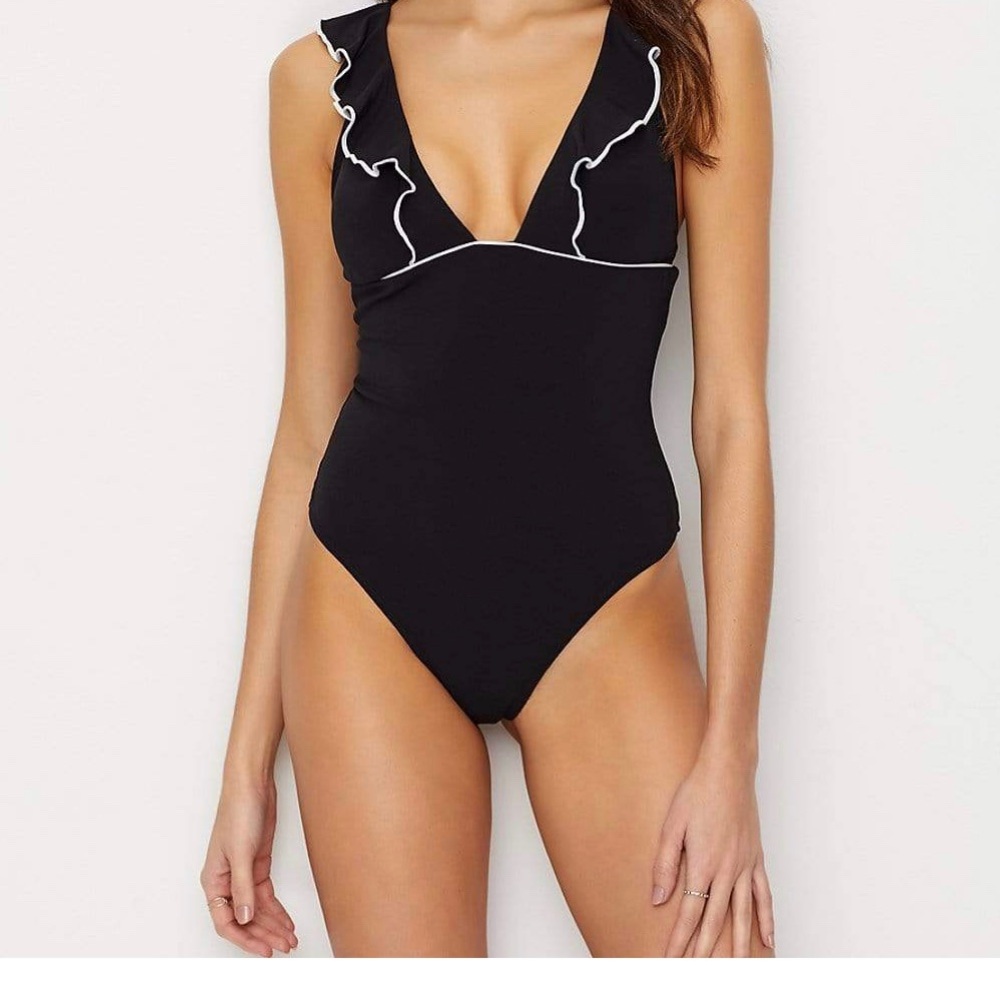 Robin Piccone BLACK/WHITE Malia Plunge One-Piece Swimsuit, US 8